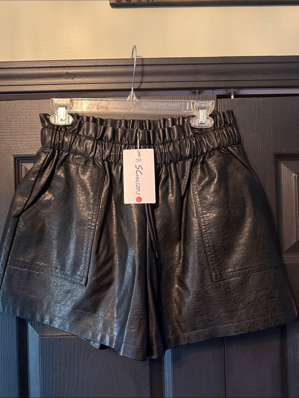 High waisted straight leg Black Faux Leather Paperbag Waist Women's Shorts
